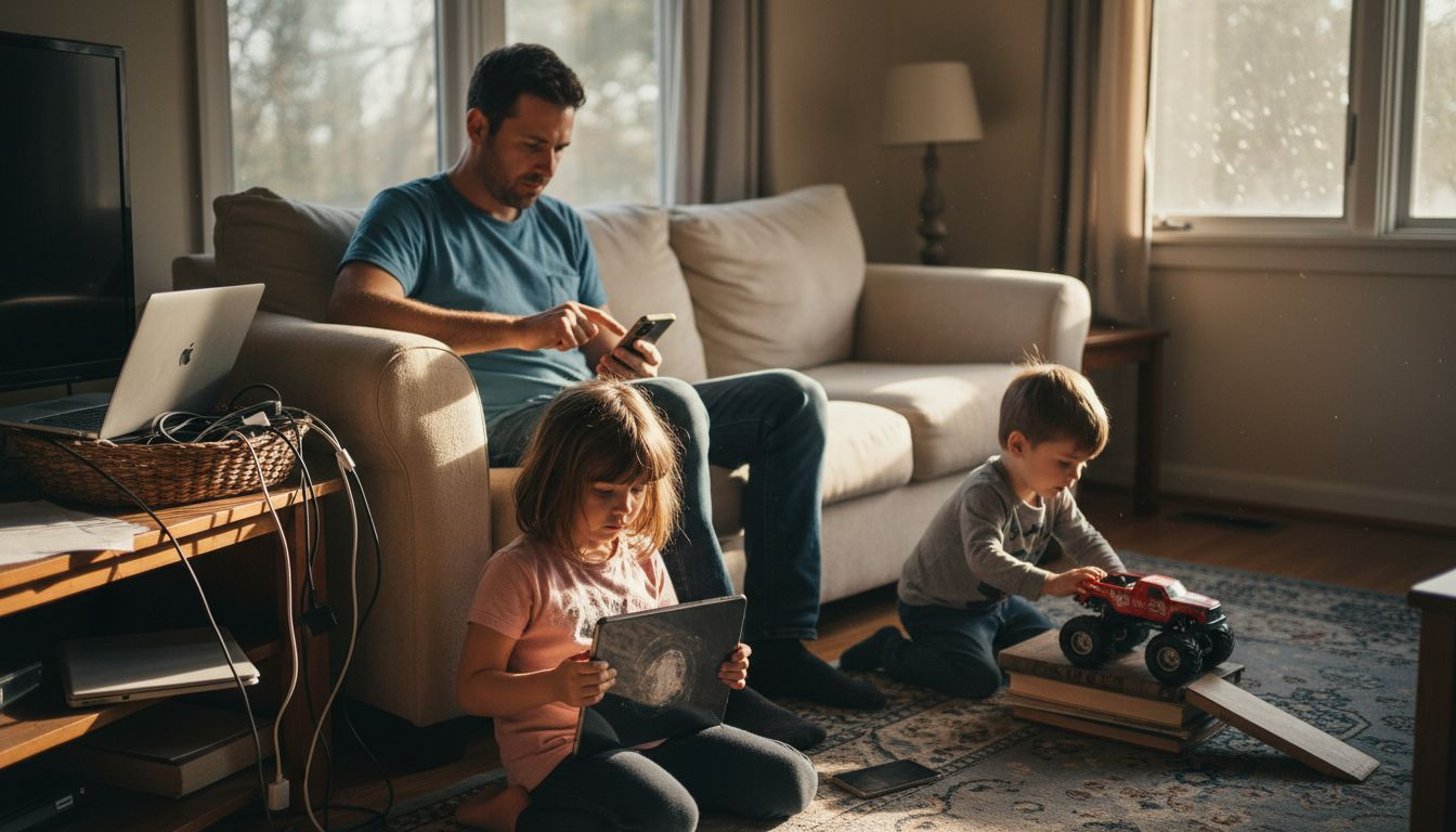 Family using devices in living room with clutter