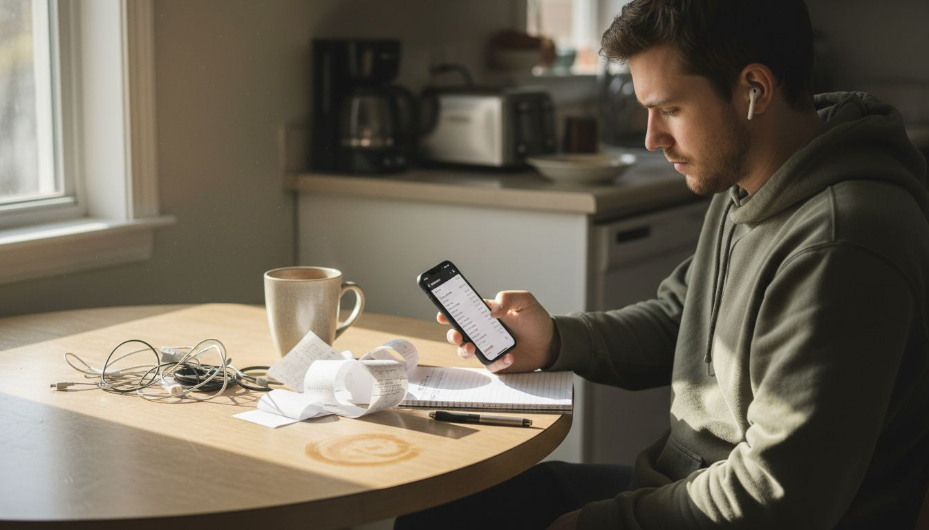 Man using wireless earbuds at kitchen table