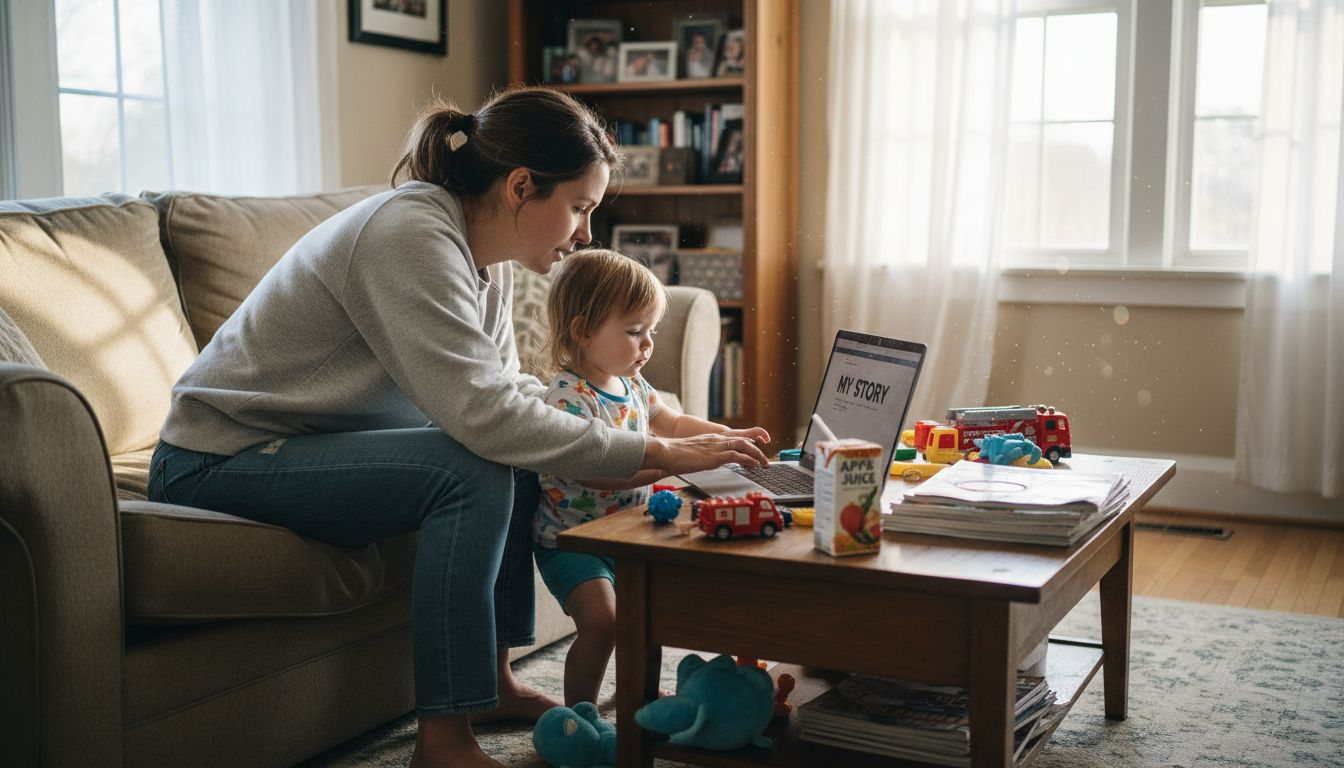Mother and child using laptop in living room