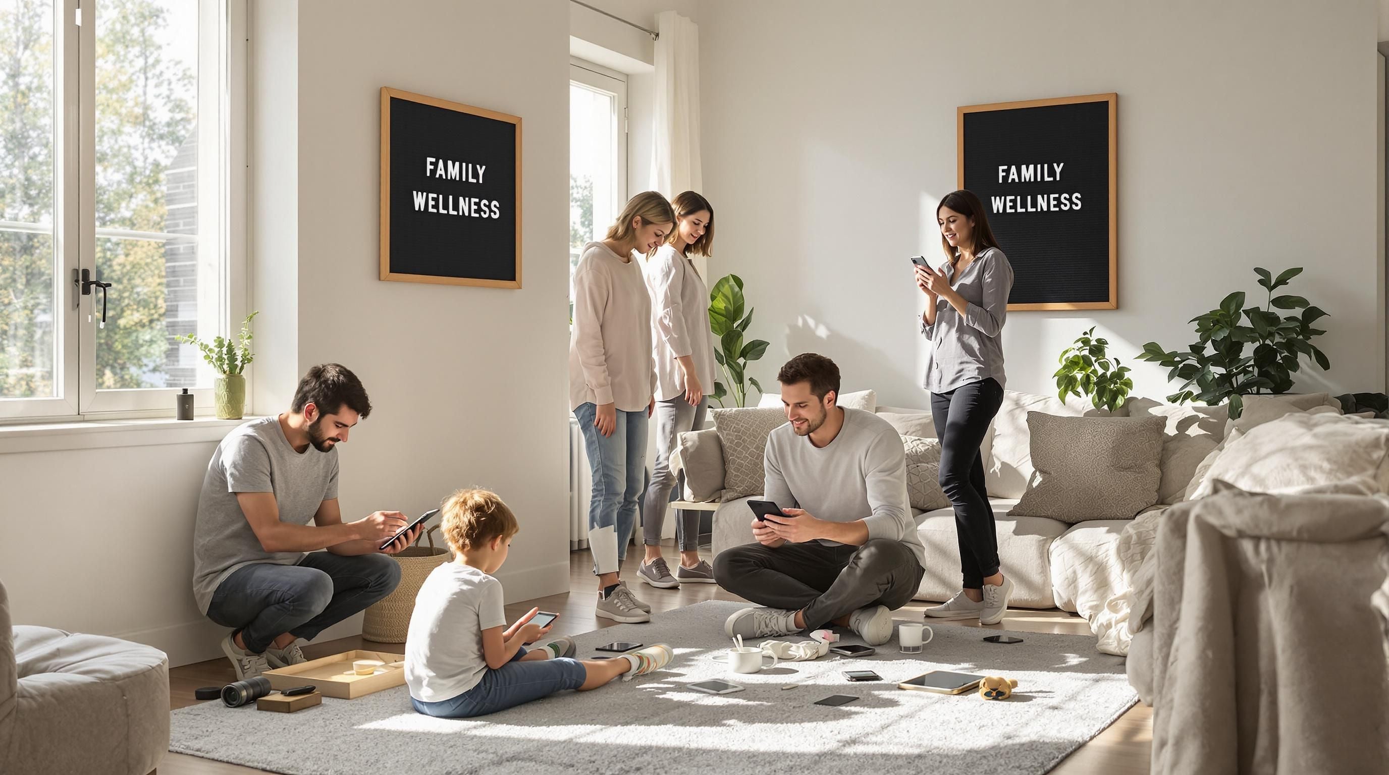 Family managing technology for wellness in modern living room