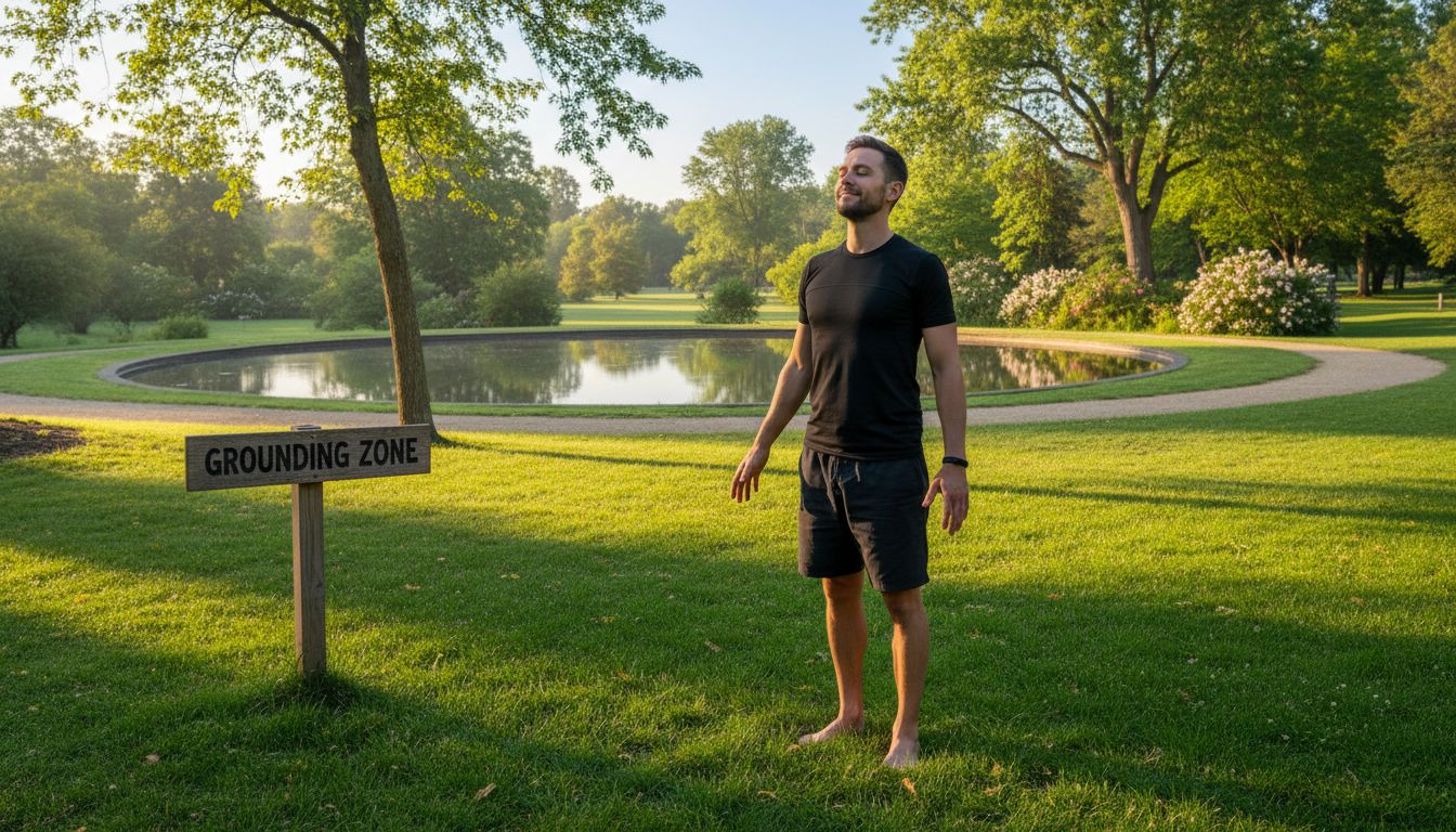 Person grounding barefoot in green park